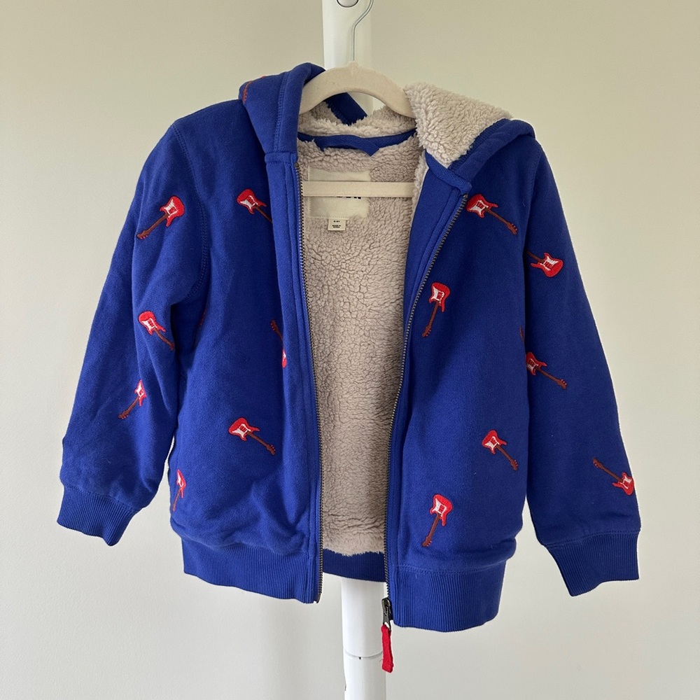 Mini Boden Blue Hoodie with Red Guitar Embroidery